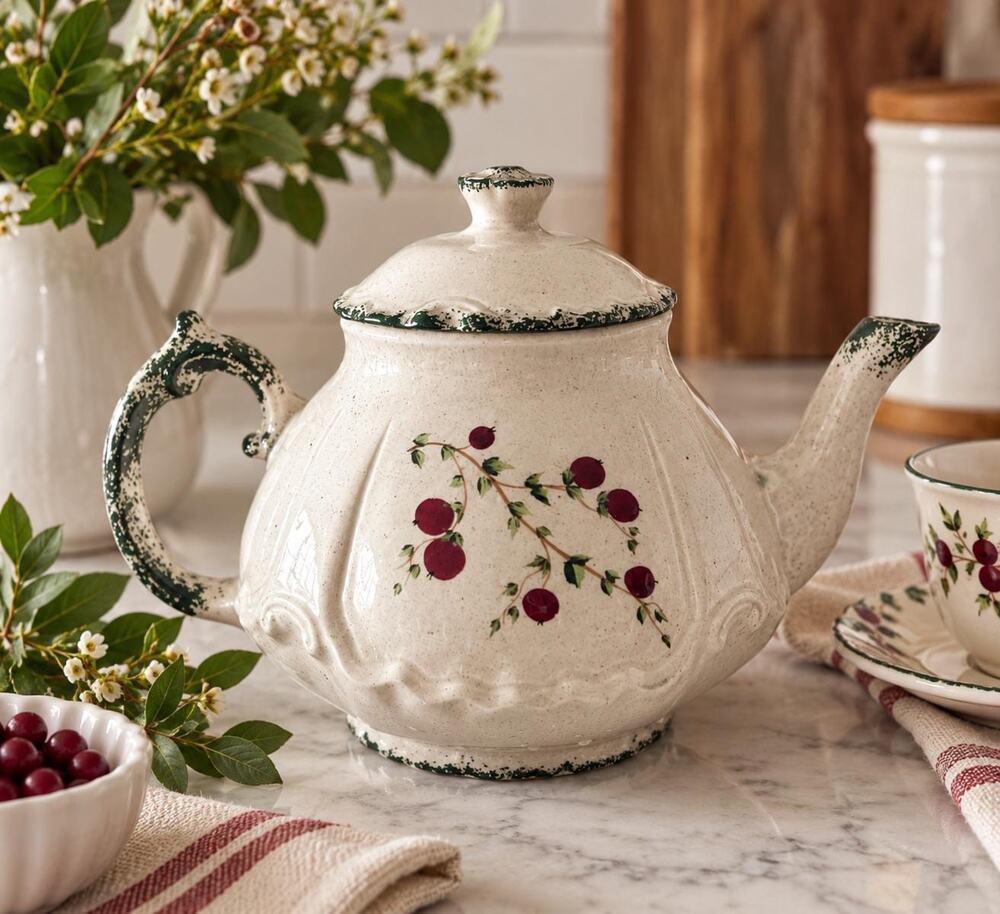 Vintage Handmade Ceramic Teapot Berry Green Spongeware Folk Art Pottery 8"